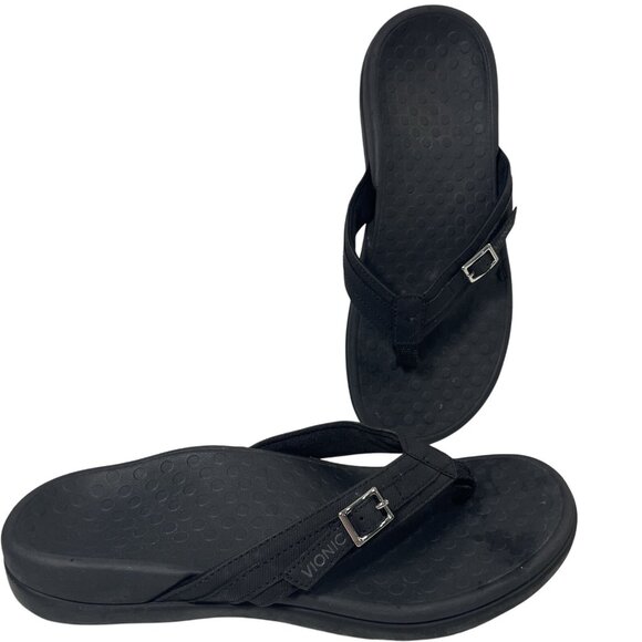 Vionic Tide Flip Flop Sandals Womens 6 Black Silver Buckle Logo Slip On Shoes - Picture 1 of 10